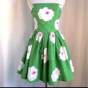 Abercrombie & Fitch green floral strapless fit and flare dress green rose fluffy